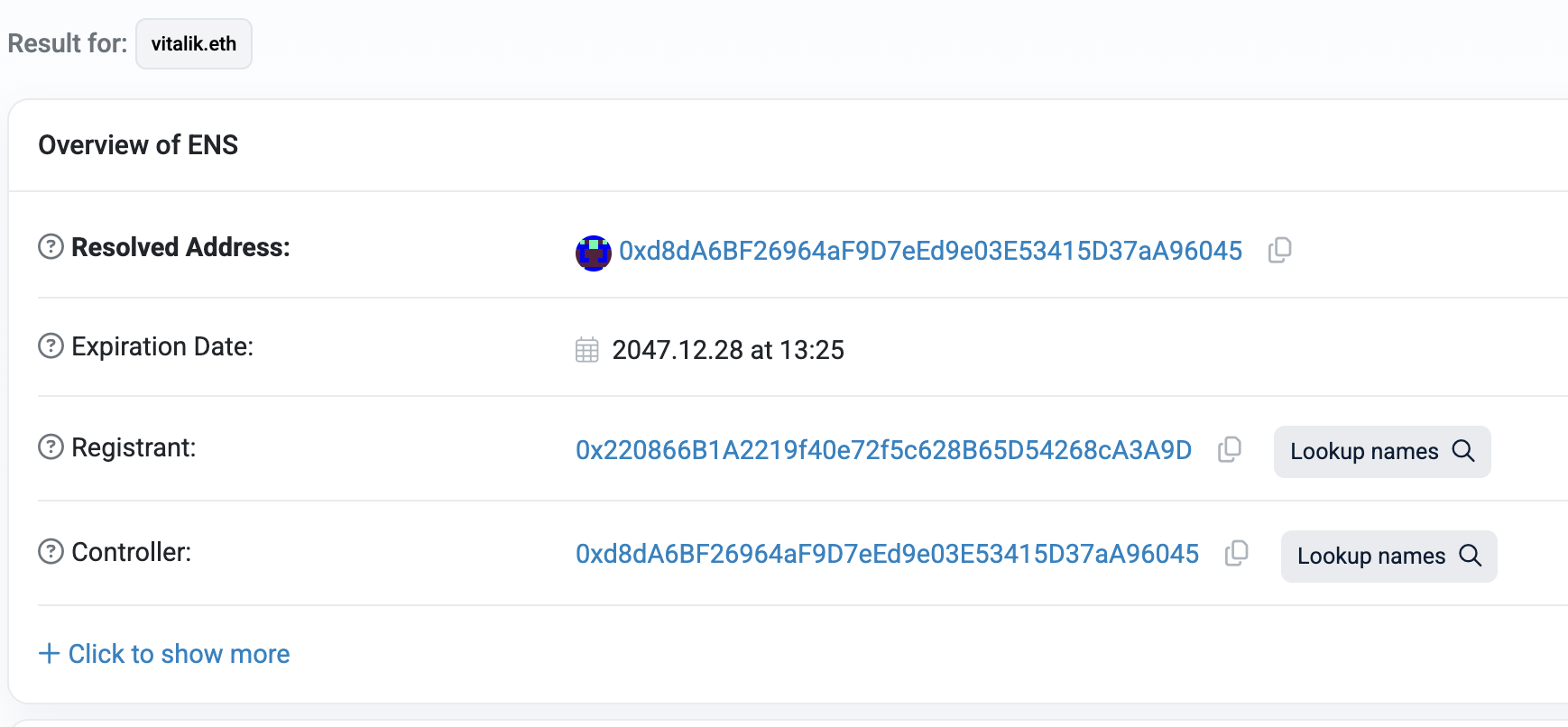 Etherscan correctly resolves the direct onchain subname address
